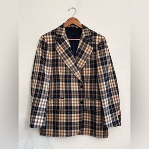 Plaid Wool-Blend Blazer Jacket in Brown & Navy